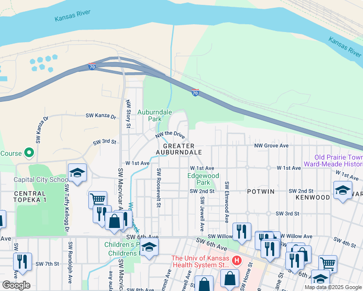 map of restaurants, bars, coffee shops, grocery stores, and more near 133 Northwest Franklin Avenue in Topeka