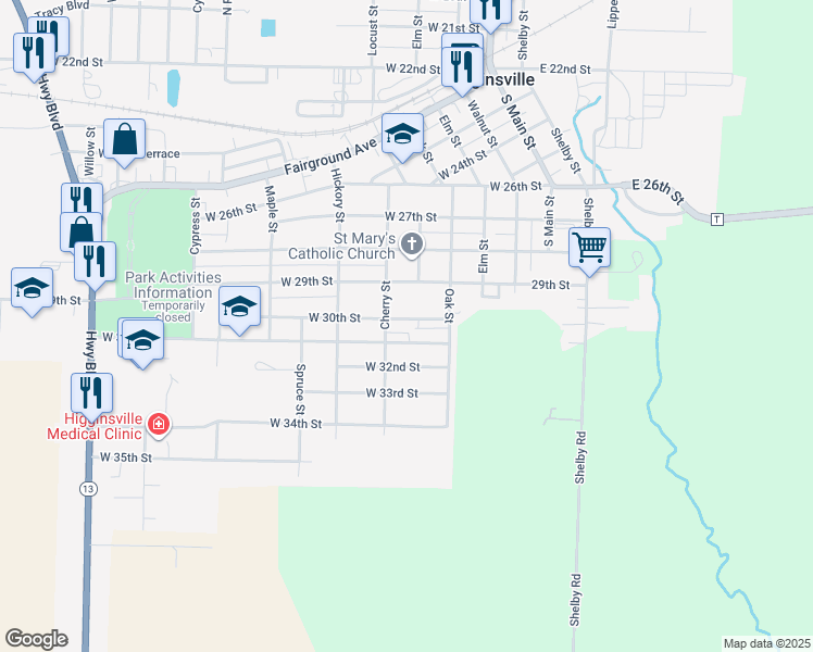 map of restaurants, bars, coffee shops, grocery stores, and more near 307B West 31st Street in Higginsville