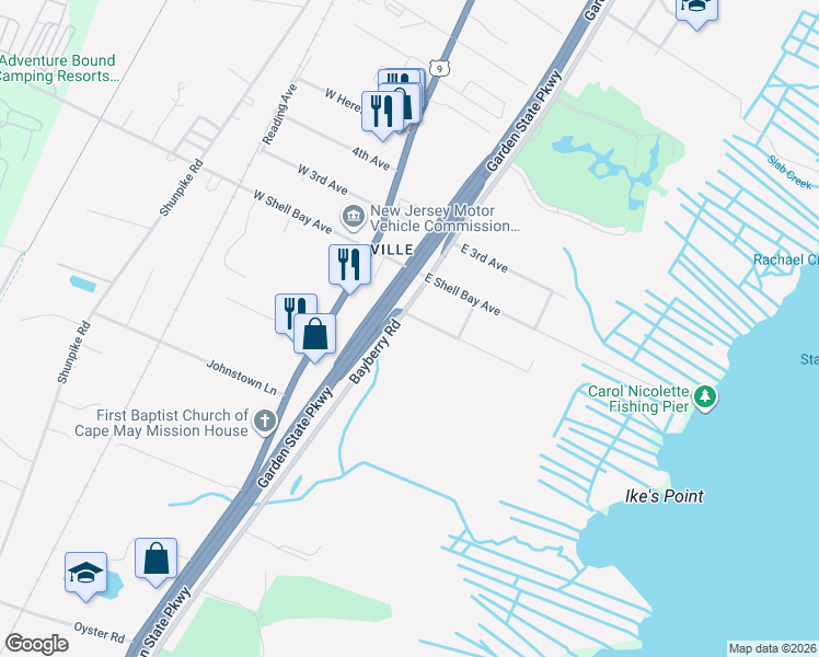 map of restaurants, bars, coffee shops, grocery stores, and more near 207 East 1st Avenue in Cape May County
