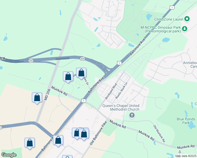 map of restaurants, bars, coffee shops, grocery stores, and more near 12800 Baltimore Avenue in Laurel
