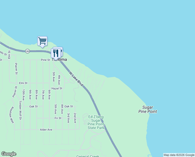 map of restaurants, bars, coffee shops, grocery stores, and more near 7171 California 89 in Tahoma