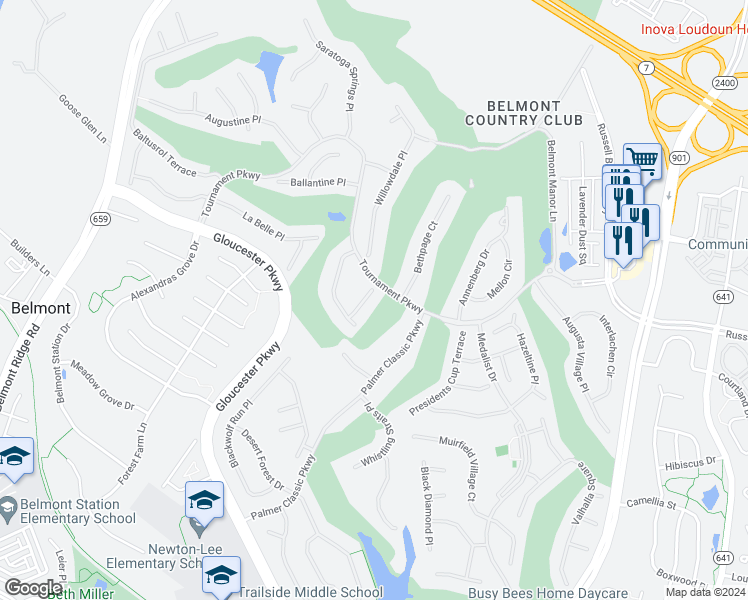 map of restaurants, bars, coffee shops, grocery stores, and more near 19916 Mizner Terrace in Ashburn