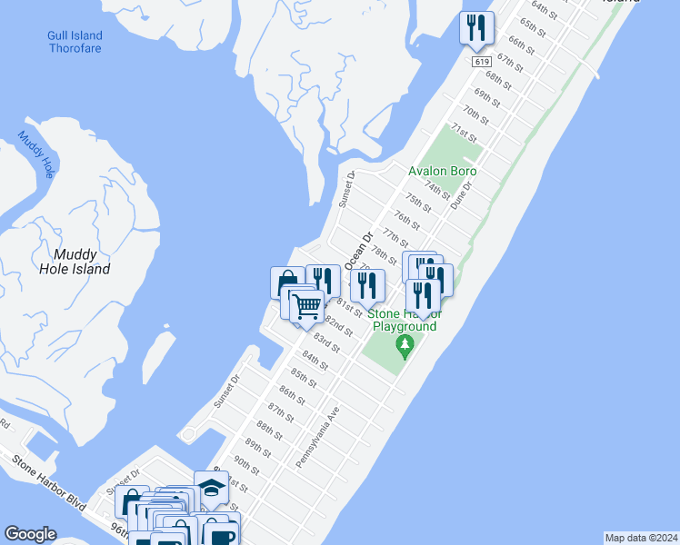 map of restaurants, bars, coffee shops, grocery stores, and more near 301 80th Street in Avalon