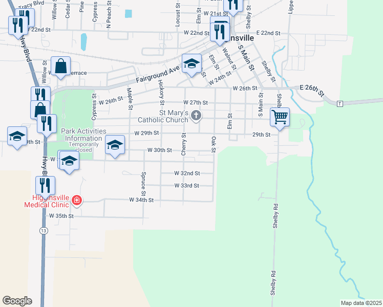map of restaurants, bars, coffee shops, grocery stores, and more near 307B West 31st Street in Higginsville