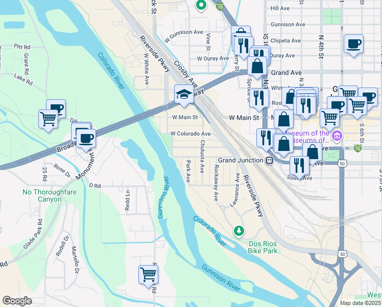 map of restaurants, bars, coffee shops, grocery stores, and more near 417 Park Ave in Grand Junction