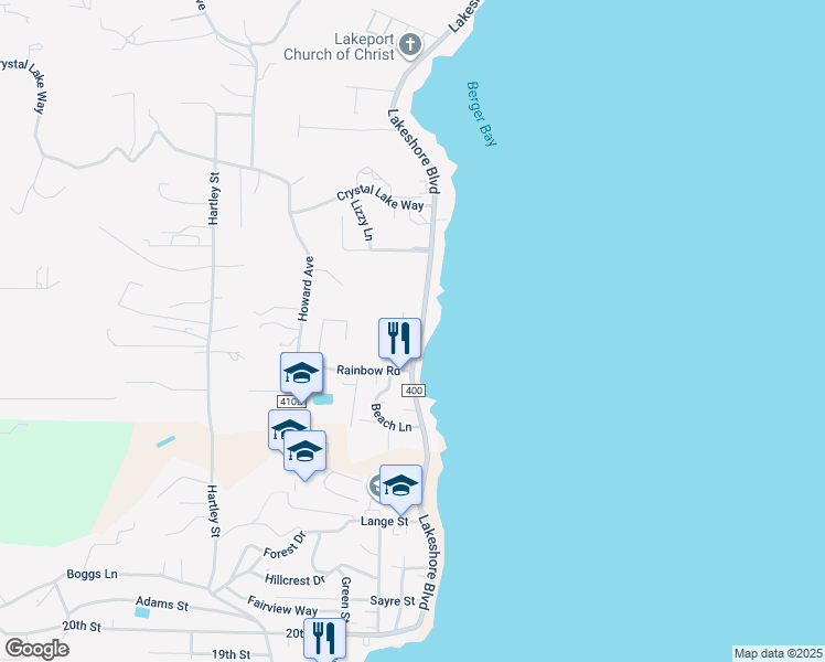 map of restaurants, bars, coffee shops, grocery stores, and more near 2645 Beach Lane in Lakeport