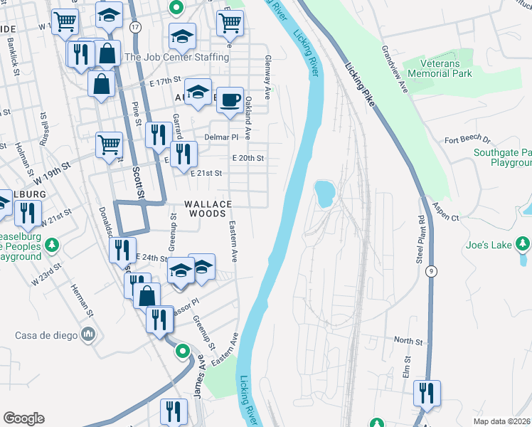 map of restaurants, bars, coffee shops, grocery stores, and more near 2218 Oakland Avenue in Covington
