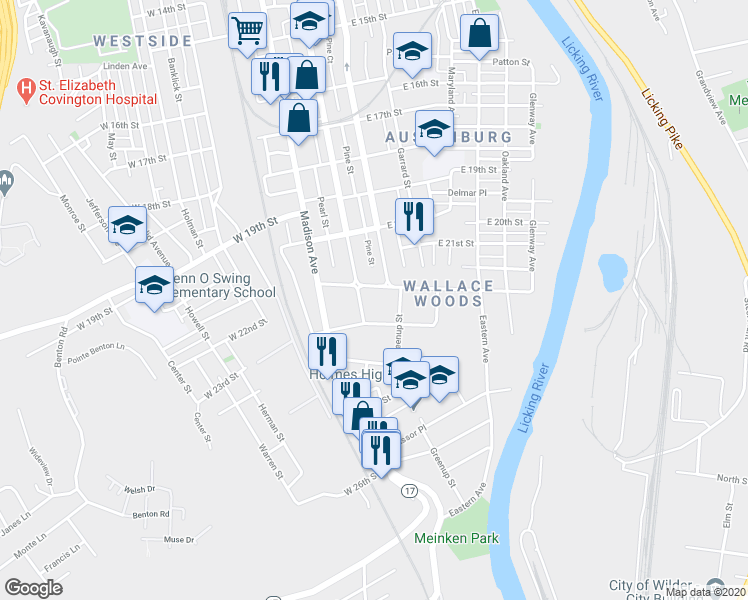 map of restaurants, bars, coffee shops, grocery stores, and more near 116 Sterrett Avenue in Covington