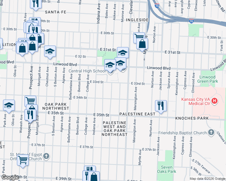 map of restaurants, bars, coffee shops, grocery stores, and more near 3336 Askew Avenue in Kansas City