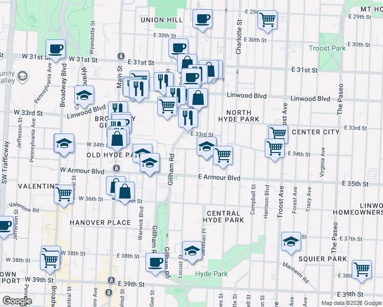 map of restaurants, bars, coffee shops, grocery stores, and more near 3419 Locust Street in Kansas City