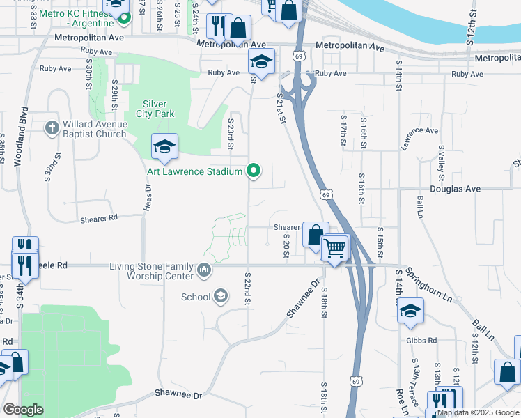 map of restaurants, bars, coffee shops, grocery stores, and more near 2108 Shearer Road in Kansas City