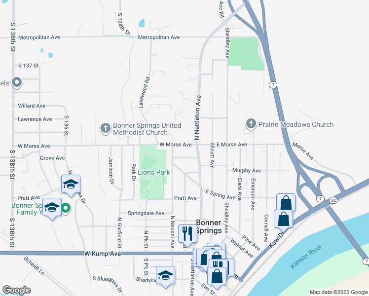map of restaurants, bars, coffee shops, grocery stores, and more near 120 West Morse Avenue in Bonner Springs