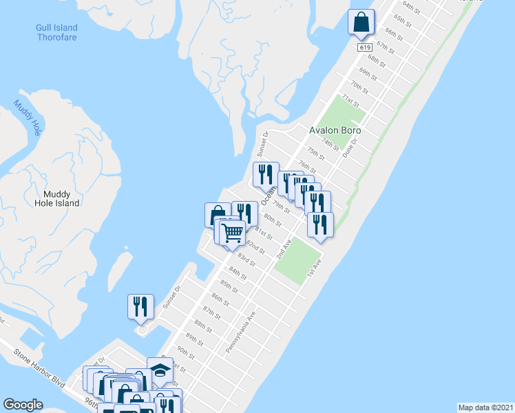 map of restaurants, bars, coffee shops, grocery stores, and more near 301 80th Street in Avalon