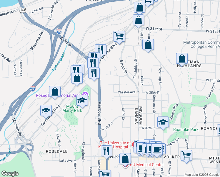 map of restaurants, bars, coffee shops, grocery stores, and more near 2117 Chester Avenue in Kansas City