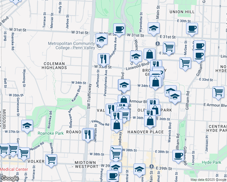 map of restaurants, bars, coffee shops, grocery stores, and more near 3444 Broadway in Kansas City