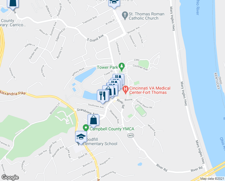 map of restaurants, bars, coffee shops, grocery stores, and more near 28 Midway Court in Fort Thomas