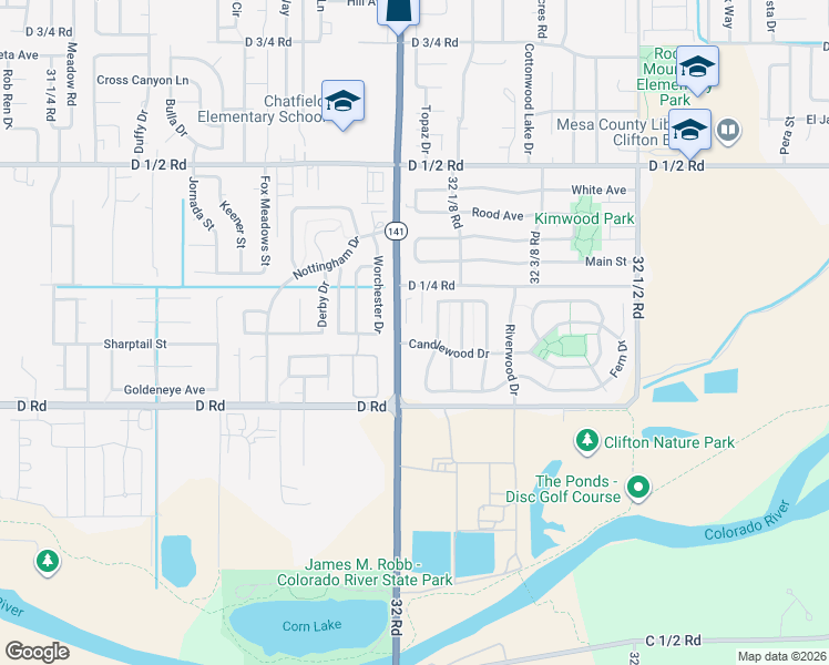 map of restaurants, bars, coffee shops, grocery stores, and more near 412 32 Road in Clifton