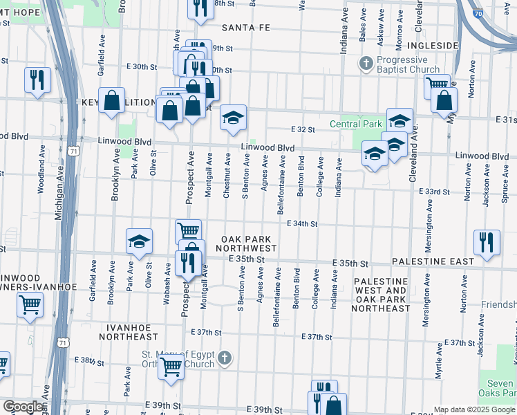 map of restaurants, bars, coffee shops, grocery stores, and more near 3328 Agnes Avenue in Kansas City
