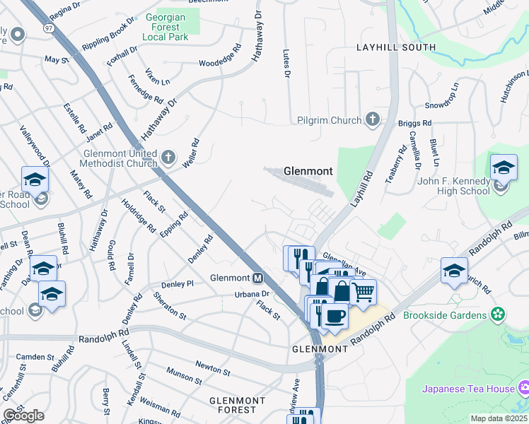 map of restaurants, bars, coffee shops, grocery stores, and more near 2511 Glenallan Avenue in Silver Spring