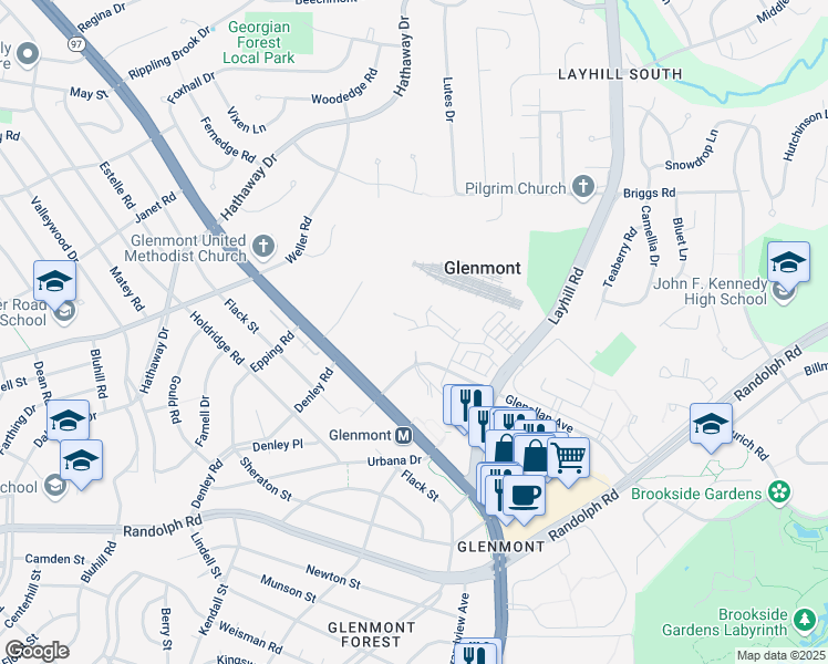 map of restaurants, bars, coffee shops, grocery stores, and more near 2511 Glenallan Avenue in Silver Spring