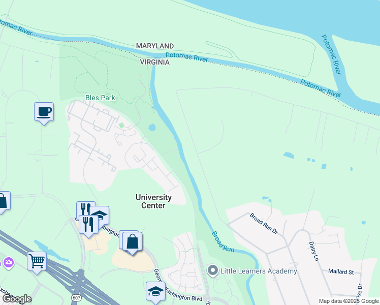 map of restaurants, bars, coffee shops, grocery stores, and more near 19861 Youngs Cliff Road in Sterling
