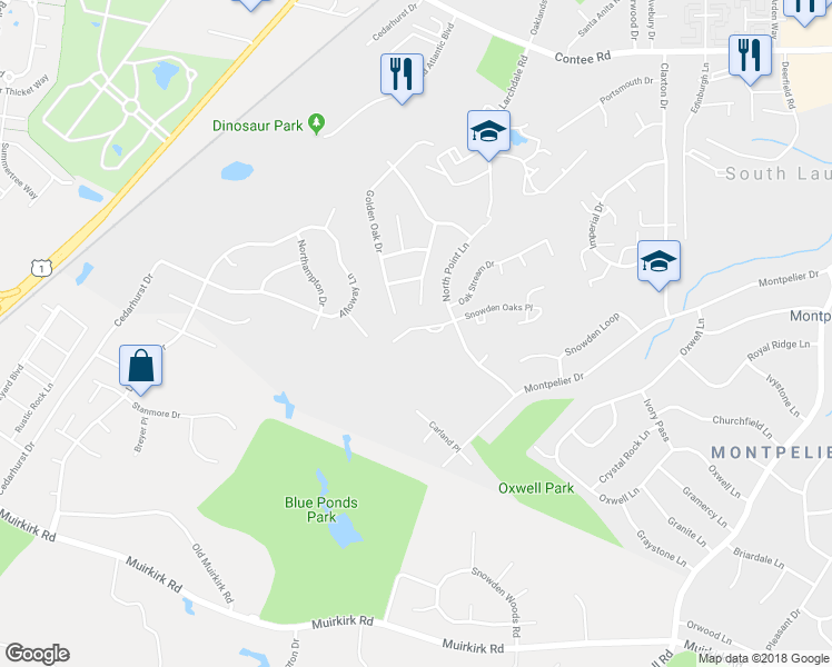 map of restaurants, bars, coffee shops, grocery stores, and more near 8325 Snowden Oaks Place in Laurel