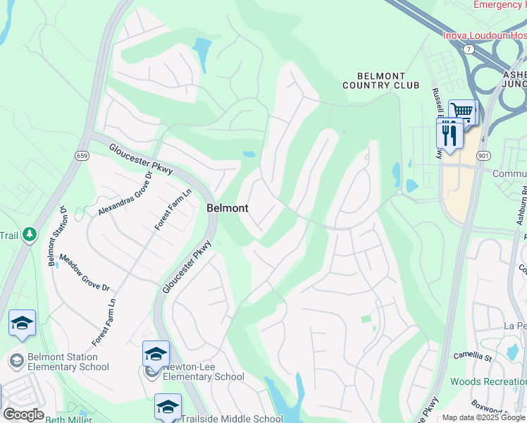 map of restaurants, bars, coffee shops, grocery stores, and more near 19921 Mizner Terrace in Ashburn