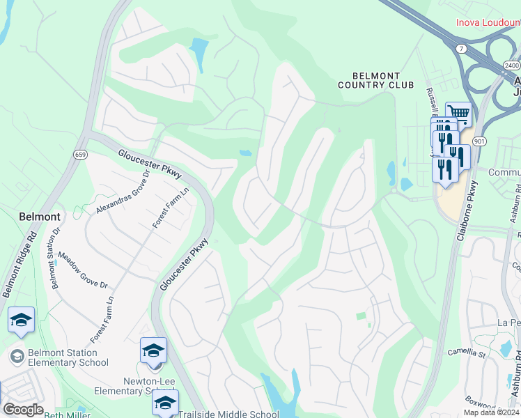 map of restaurants, bars, coffee shops, grocery stores, and more near 19921 Mizner Terrace in Ashburn