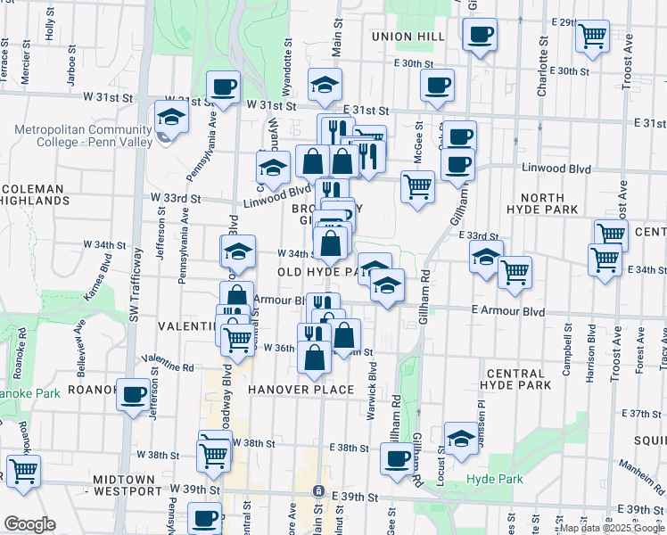 map of restaurants, bars, coffee shops, grocery stores, and more near 3441 Main Street in Kansas City