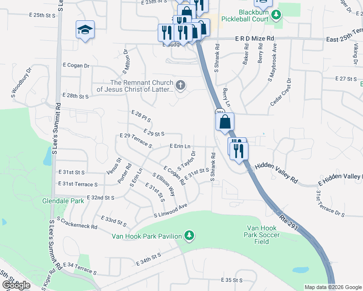 map of restaurants, bars, coffee shops, grocery stores, and more near Erin Ln & Downey Ave in Independence
