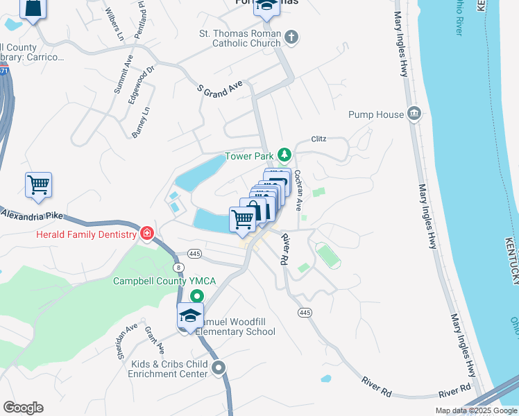 map of restaurants, bars, coffee shops, grocery stores, and more near 28 Midway Court in Fort Thomas