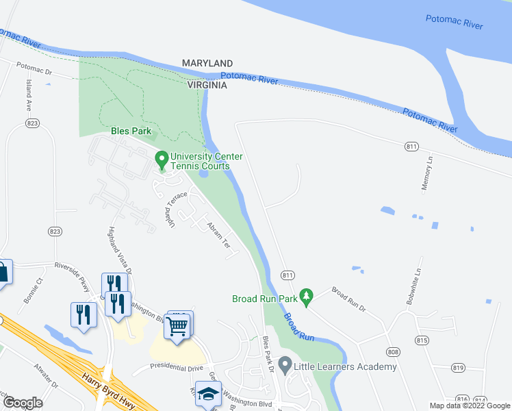 map of restaurants, bars, coffee shops, grocery stores, and more near 19861 Youngs Cliff Road in Sterling