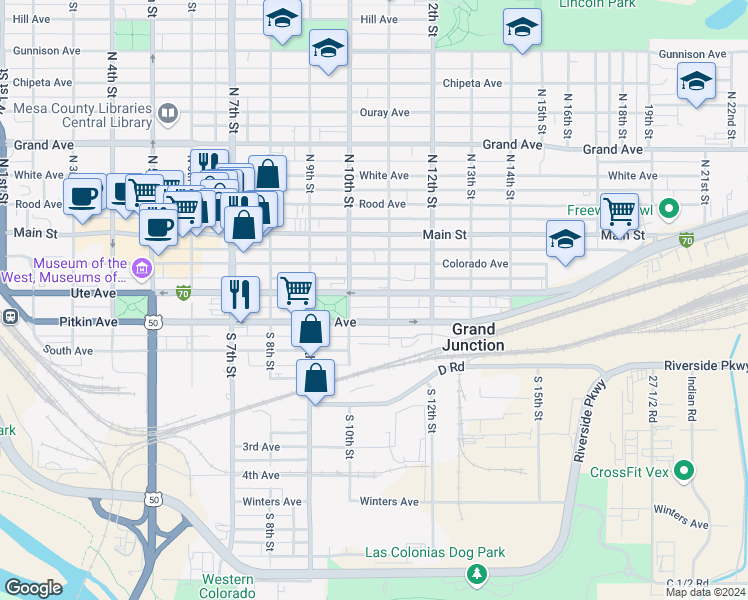 map of restaurants, bars, coffee shops, grocery stores, and more near 1000-1098 Interstate 70 Business Loop in Grand Junction