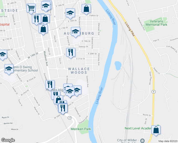 map of restaurants, bars, coffee shops, grocery stores, and more near 2216 Eastern Avenue in Covington