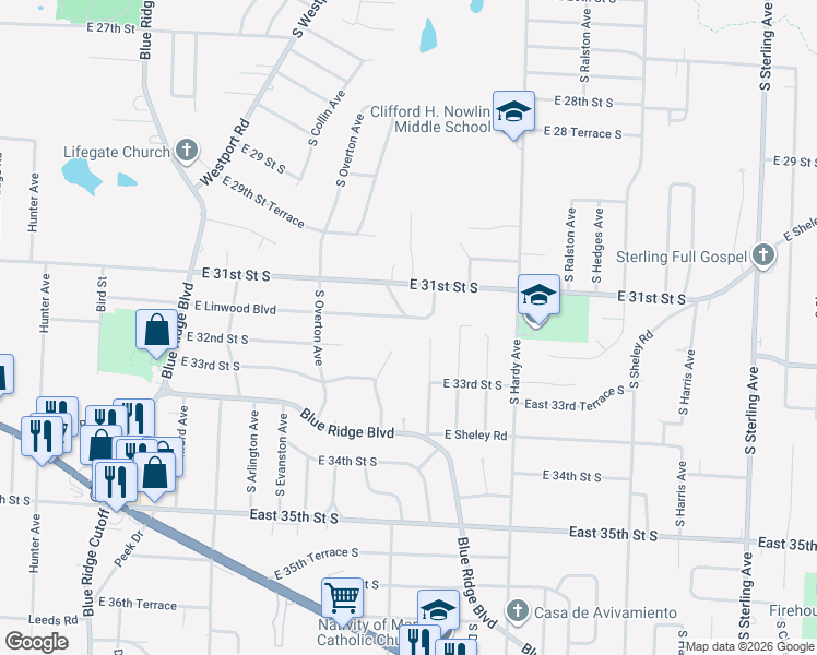 map of restaurants, bars, coffee shops, grocery stores, and more near 3201 South Hawthorne Avenue in Independence