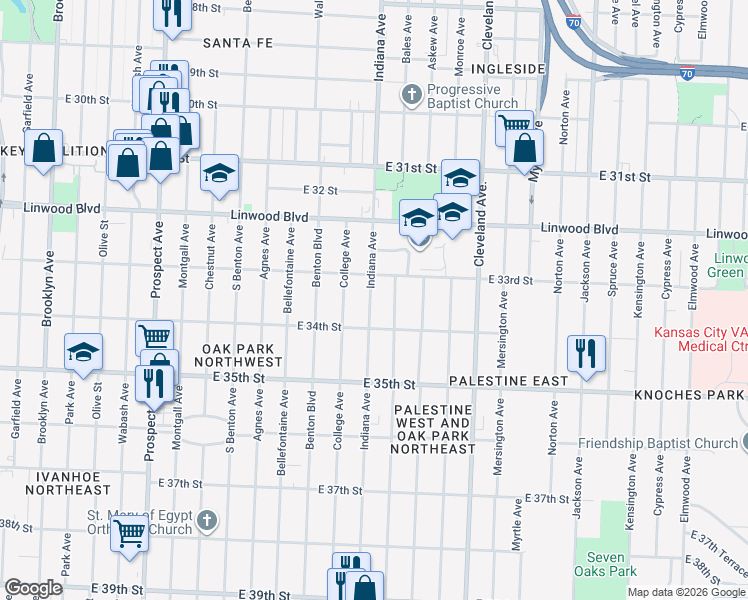 map of restaurants, bars, coffee shops, grocery stores, and more near 3345 Indiana Avenue in Kansas City