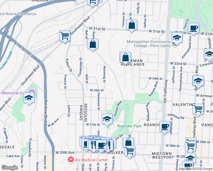 map of restaurants, bars, coffee shops, grocery stores, and more near 3501 Wyoming Street in Kansas City