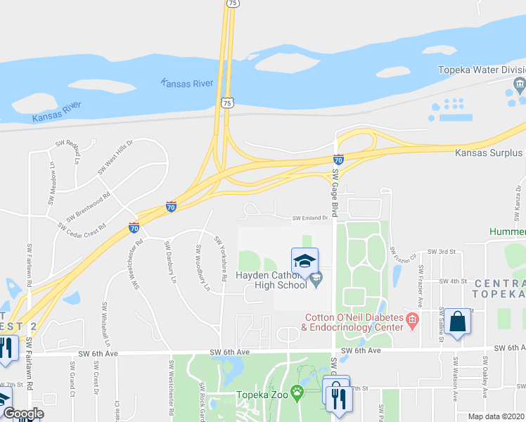 map of restaurants, bars, coffee shops, grocery stores, and more near 4129 Southwest Emland Drive in Topeka