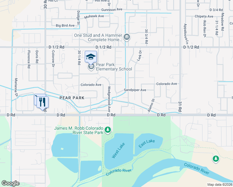 map of restaurants, bars, coffee shops, grocery stores, and more near Sandpiper Ave & 30 1/2 Rd in Grand Junction