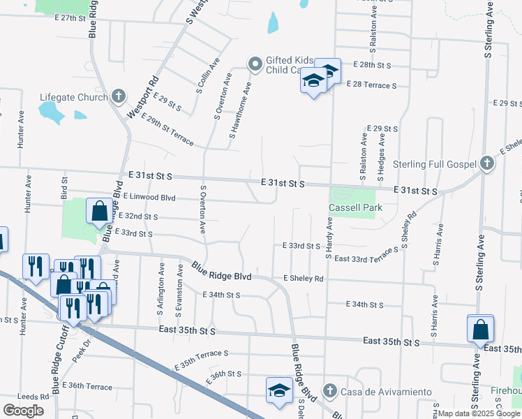 map of restaurants, bars, coffee shops, grocery stores, and more near 3201 South Hawthorne Avenue in Independence