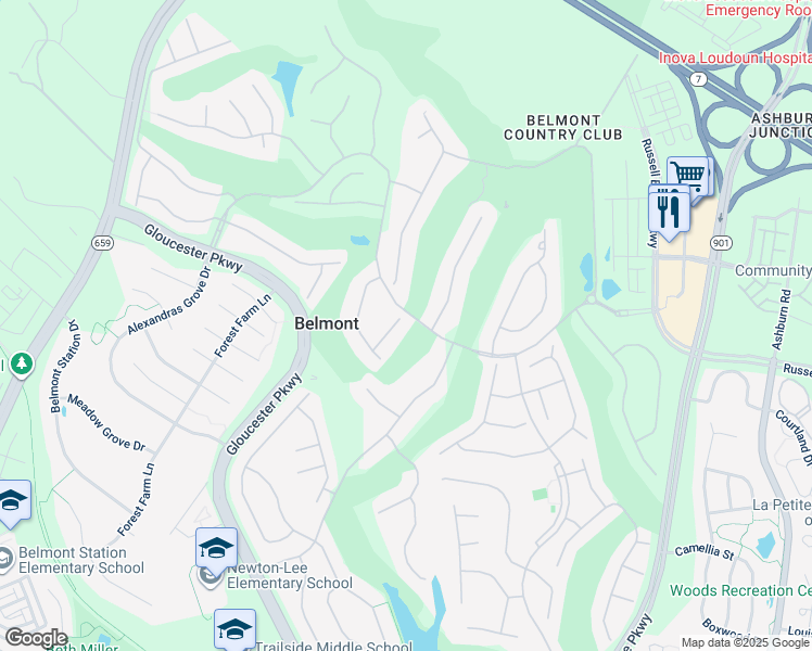 map of restaurants, bars, coffee shops, grocery stores, and more near 19912 Mizner Terrace in Ashburn