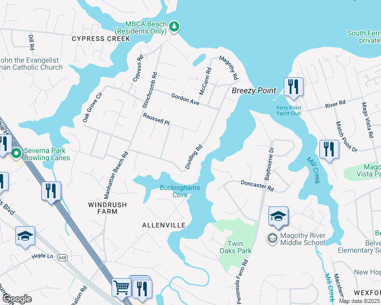 map of restaurants, bars, coffee shops, grocery stores, and more near 770 Dividing Road in Severna Park