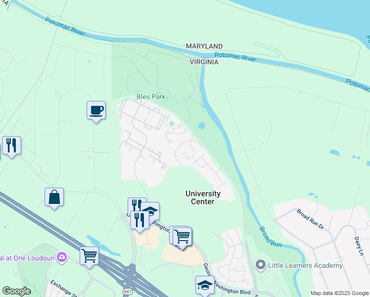 map of restaurants, bars, coffee shops, grocery stores, and more near 19950 Fieldgrass Square in Ashburn