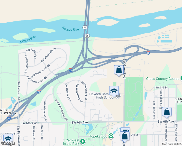 map of restaurants, bars, coffee shops, grocery stores, and more near 4231 Southwest Emland Drive in Topeka