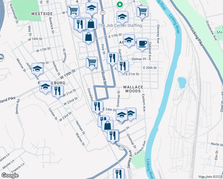 map of restaurants, bars, coffee shops, grocery stores, and more near 111 Wallace Avenue in Covington
