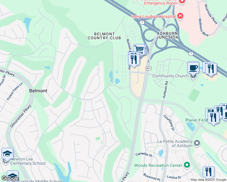 map of restaurants, bars, coffee shops, grocery stores, and more near 19904 Augusta Village Place in Ashburn