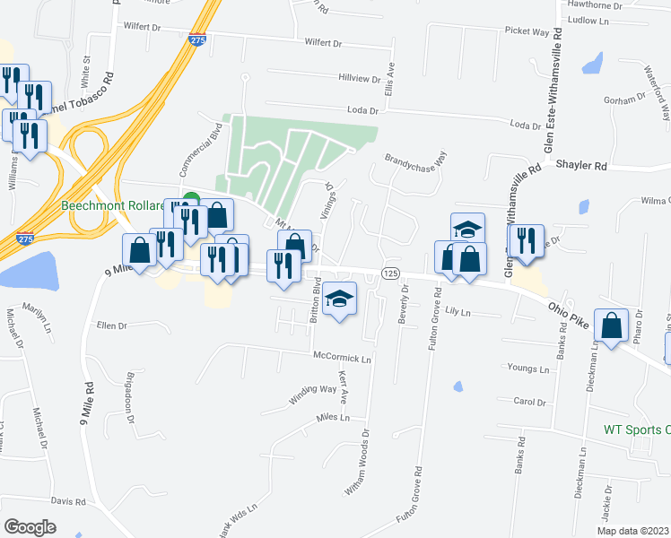 map of restaurants, bars, coffee shops, grocery stores, and more near 722 Ohio Pike in Cincinnati