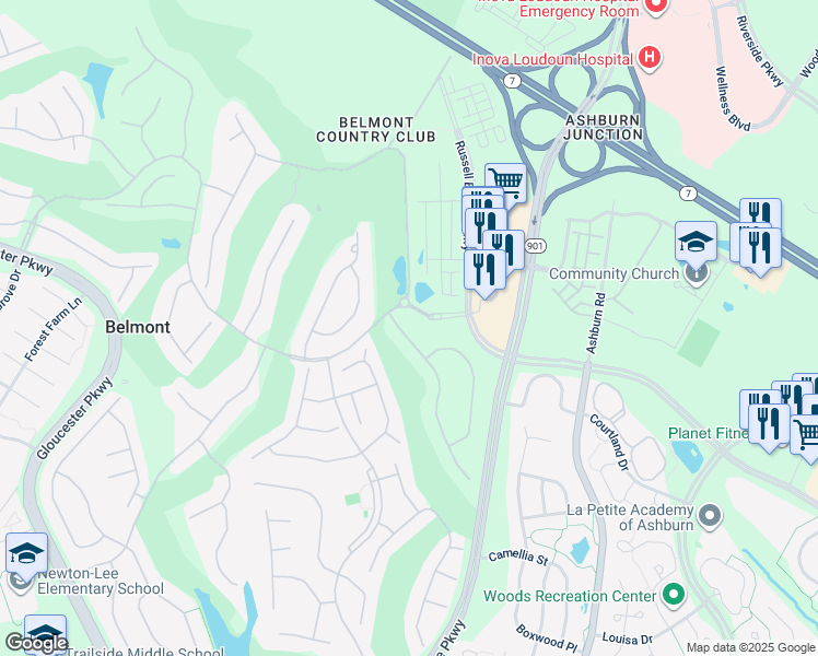 map of restaurants, bars, coffee shops, grocery stores, and more near 19904 Augusta Village Place in Ashburn
