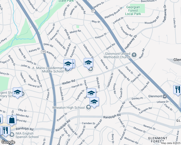 map of restaurants, bars, coffee shops, grocery stores, and more near 3301 Weller Road in Silver Spring