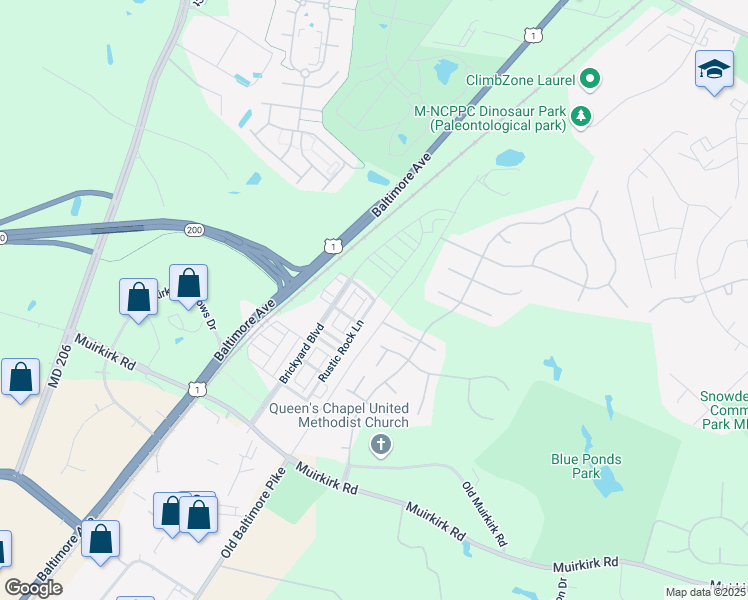 map of restaurants, bars, coffee shops, grocery stores, and more near 12909 Rustic Rock Lane in Beltsville